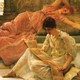 A painting of two women lounging, one staring at the other