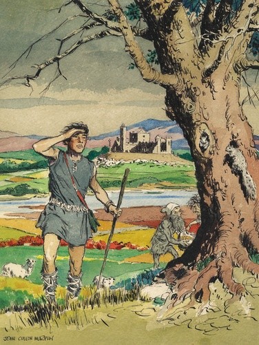 A shepherd stands by a tree in this watercolor sketch for an unpublished 'Prince Valiant' story, 1991
