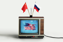 illustration with old-fashioned cathode-ray TV set with Russian and Chinese flags as its antennae, tuning in to a distorted image of the American flag