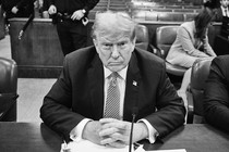 A black-and-white photo of Donald Trump in Manhattan Criminal Court for his trial, on April 19, 2024