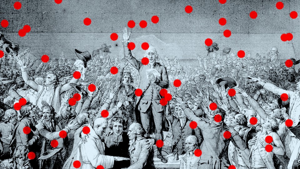 An illustration of red dots randomly placed over an etching of revolutionaries