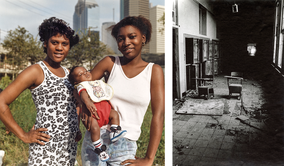 2 photos: color image of two women, one holding baby, with city skyline in background; black-and-white photo of abandoned school hallway with debris and broken desks