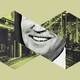 An illustration showing Joe Biden smiling against an industrial backdrop