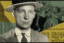 a photograph of John Scopes against a background of newspaper text and a photo of his trial