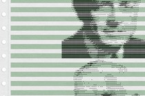 illustration with dot-matrix-printed portraits of Watson Jr. and Sr. on green/white striped dot-matrix printer paper with perforated edge