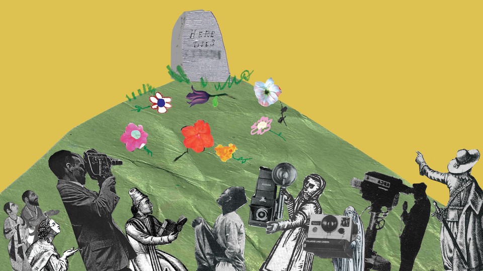 Illustration of a tombstone on a hill with people and cameras at the bottom