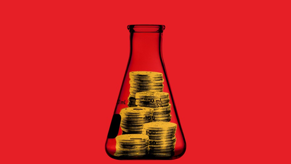 Illustration of a chemistry flask with stacks of gold coins inside it