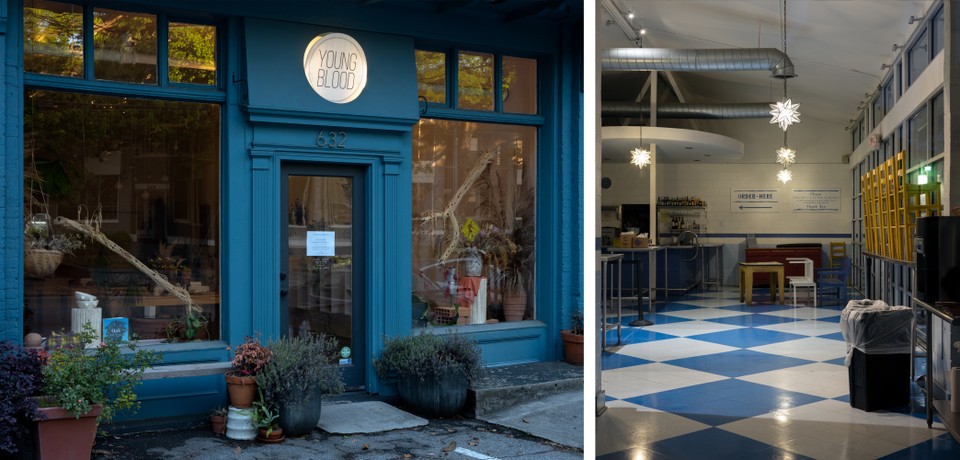 Young Blood boutique on Highland Ave in the Poncey Highland neighborhood.; Inside Taqueria del Sol in Decatur, currently closed, and not doing carry out. (Joshua Dudley Greer)