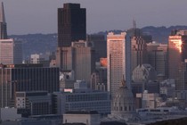 Views of San Francisco's skyline and the "Flower Supermoon" as seen from Corona Heights Park on May 6, 2020