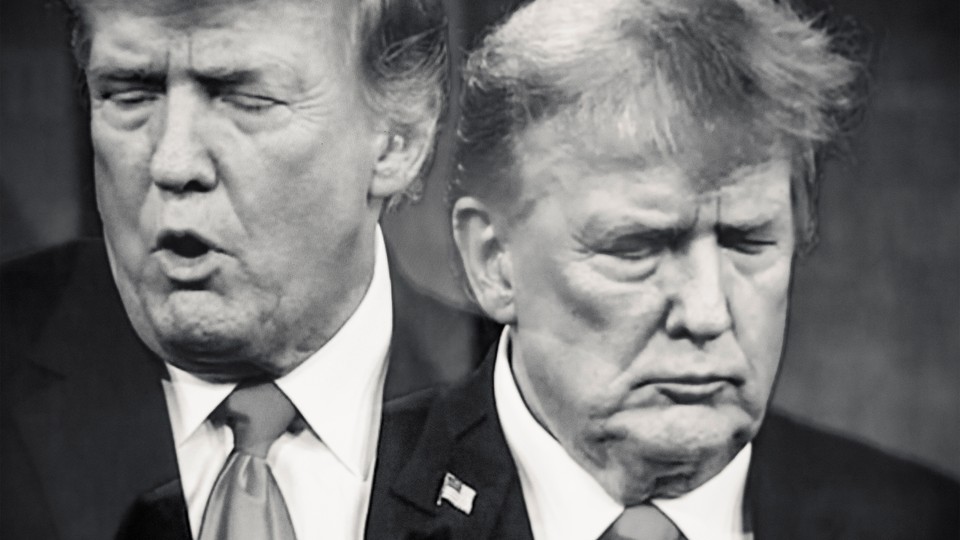 Two black and white photos of Donald Trump side by side.