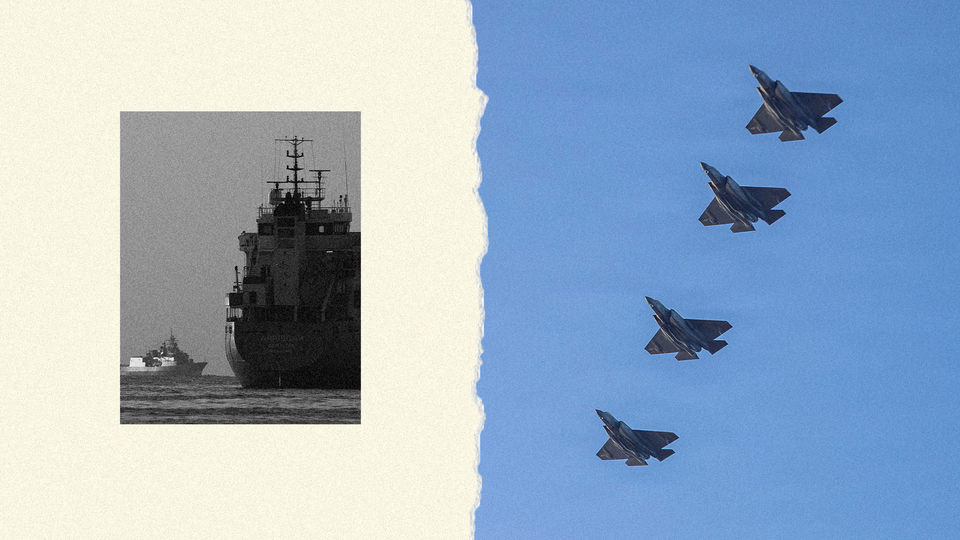 A collage of two images: one black-and-white photo of a large military ship, one photo of four jets flying against a blue sky