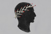 A silhouette of caesar's head wreathed in matches.
