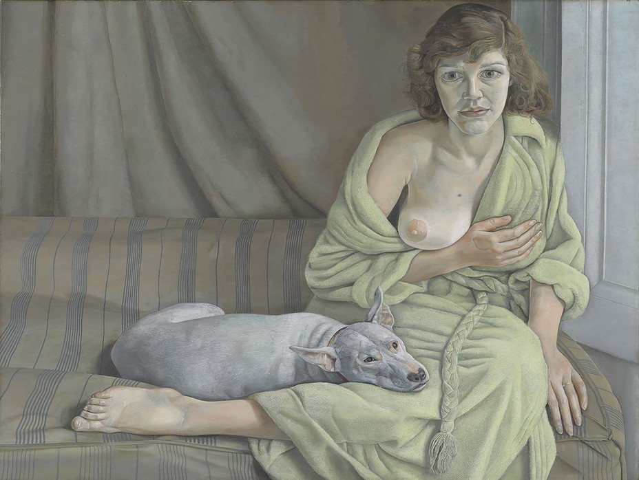 painting of woman sitting in robe with one breast exposed and her hand over the other, with a grayish-white dog lying next to her and resting its head on her leg