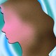 a silhouette of a girl's head, her face pink and hair brown, in front of a blue and green swirl