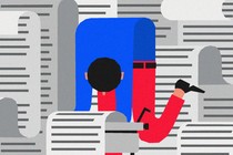 An illustration of a man at a typewriter whose body looks like it's becoming part of the long spool of pages coming from the typewriter