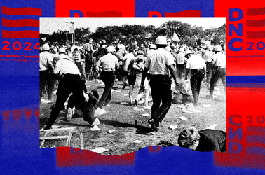 A photomontage with an image of the disorder outside the 1968 Democratic National Convention.