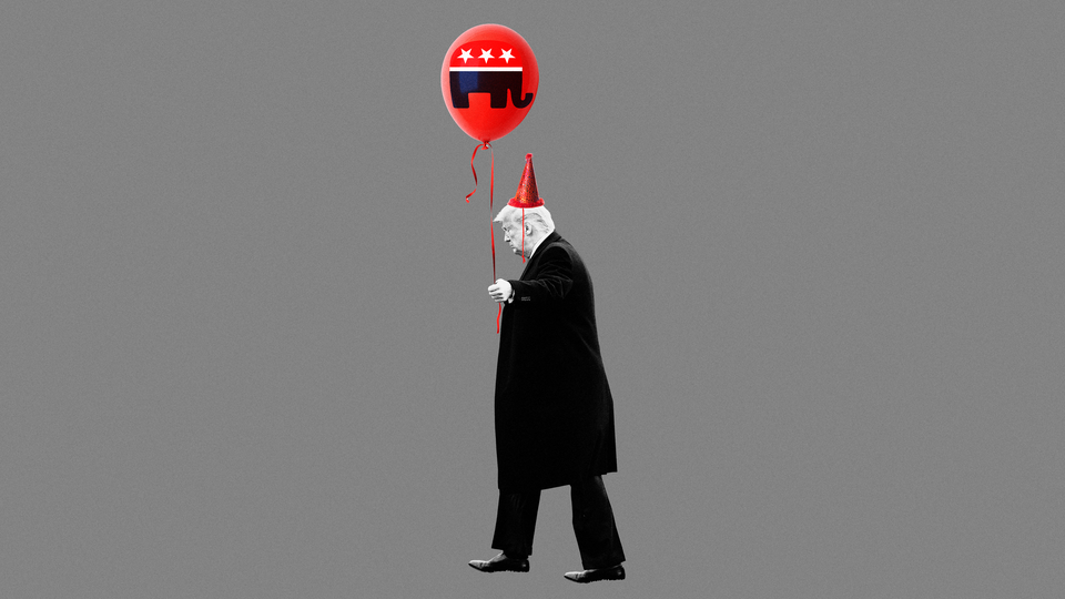An illustration of Trump holding a balloon and wearing a party hat