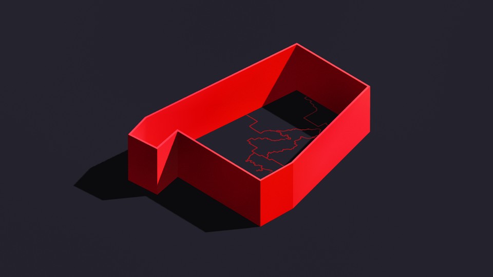 An illustration of an Alabama-shaped border surrounding the outlines of gerrymandered districts