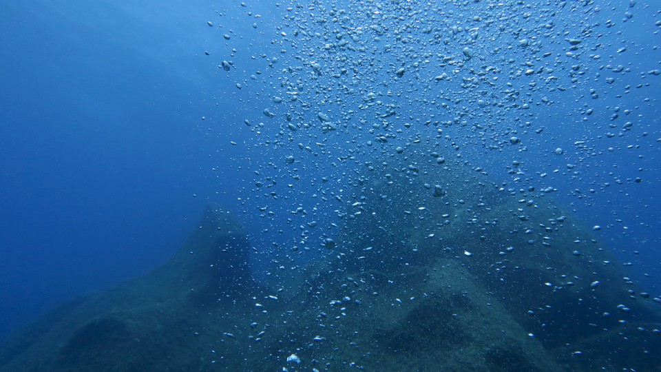 Bubbles in the ocean rise to the surface.