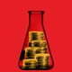 Illustration of a chemistry flask with stacks of gold coins inside it