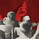 vintage photo of students looking at giant red paper teacher photo