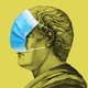 Cartoon of a marble bust wearing a medical mask over the upper half of its face