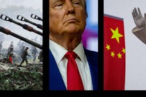 A photo-illustration featuring Trump, a Chinese flag, and Taiwanese troops