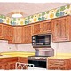 An illustration of a bright kitchen with floral border and wooden cabinets
