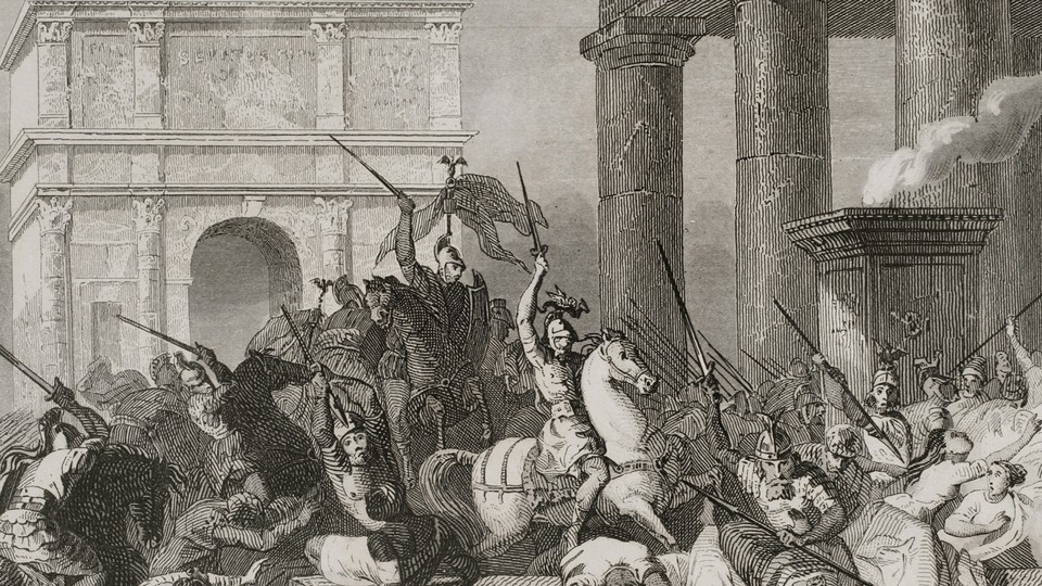 A black and white engraving of a classical city being razed by men on horses carrying spears