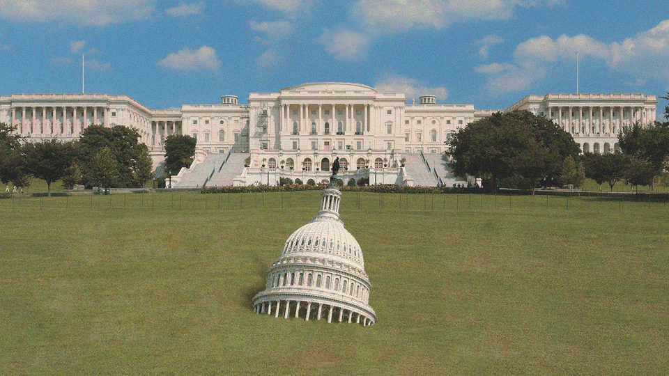 An illustration of the U.S. Capitol dome sinking into the grass.