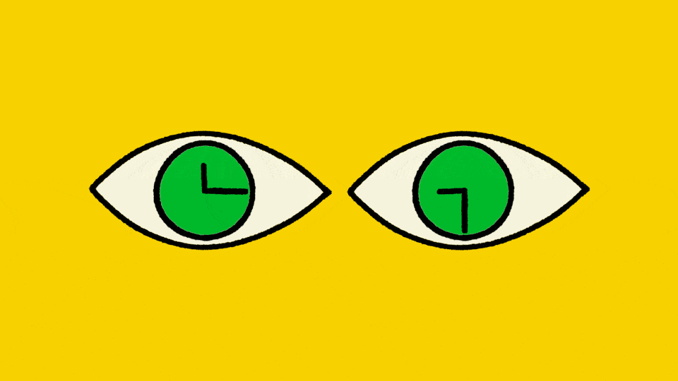 GIF of two eyes with clocks as the eyeballs