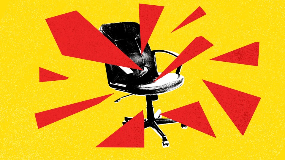 An illustration of an office chair with red pieces emanating from it.
