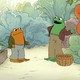 The main characters of "Frog and Toad" in a garden, surrounded by lettuce and tomatoes