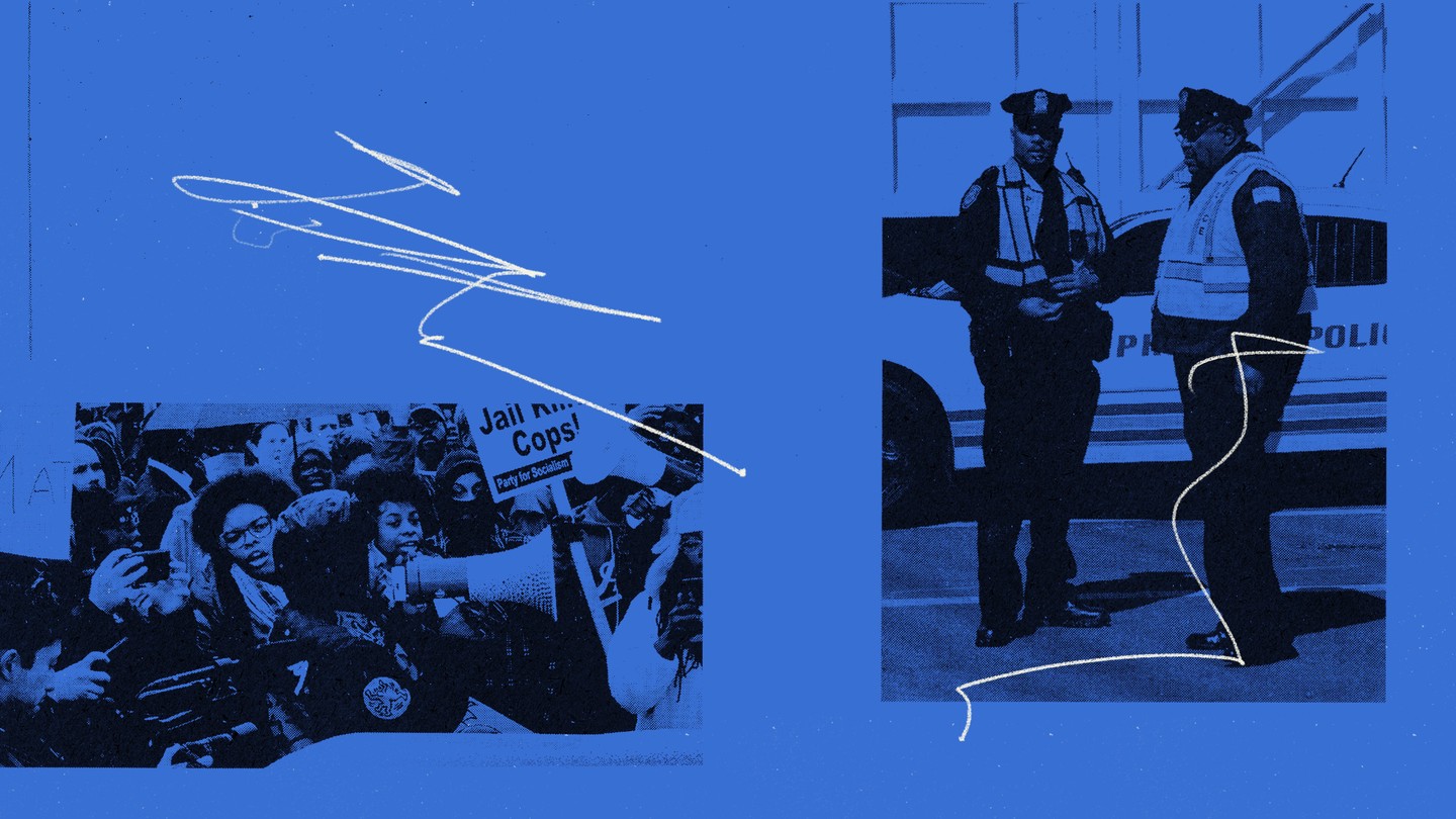 Illustration of protesters and police against a blue background.