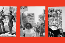 Illustration of a man opposing men with guns; Civil Rights movement protesters; Donald Trump speaking at a rally.