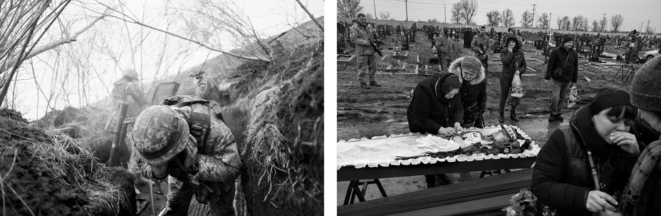 2 black-and-white photos: soldier in trench holding hands to ears as mortar fires in background; people bent over open coffin of soldier as others weep and look on