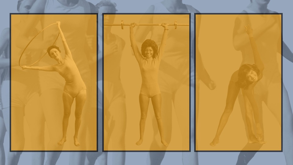 Three photographs of women exercising over a background photo of people running