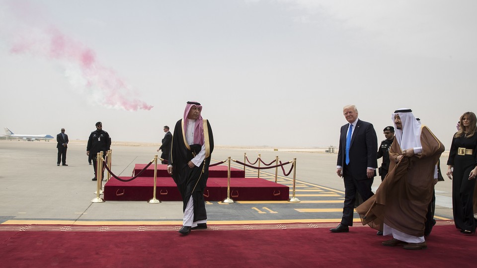 President Donald Trump is greeted by Salman bin Abdulaziz Al Saud, king of Saudi Arabia, in Riyad on May 20, 2017.