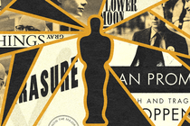 An Oscars statuette over a collage of stills and book covers from the nominated films