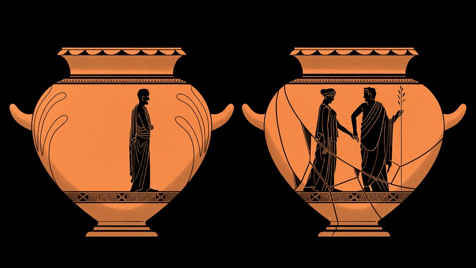Two Greek vases, one with a a man and one with a man and a woman