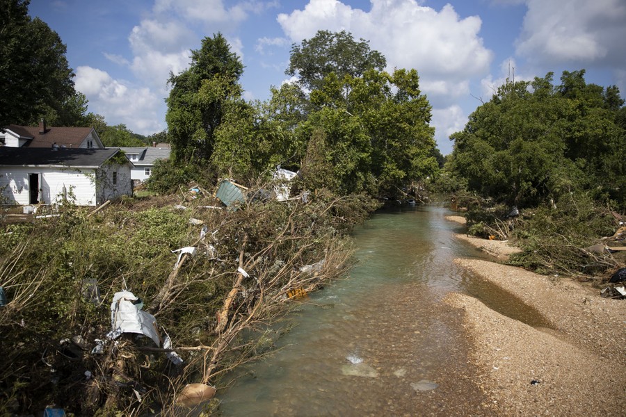 Debris hangs in damaged trees around Trace Creek, which rose to deadly levels over the weekend in Waverly.