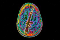 An illustration of a brain scan, with the outline of a gun visible in the brain