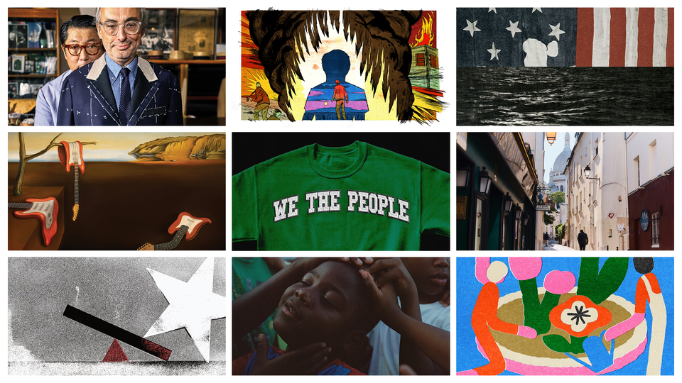 a photo collage of Louis CK, a palm tree, and a scene from the Riyadh Comedy Festival