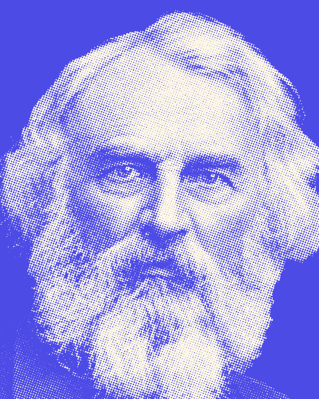 A purple stipple portrait of Henry Wadsworth Longfellow
