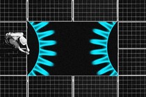 An image of solar panels mixed with an image of a blue flame from a gas stove.