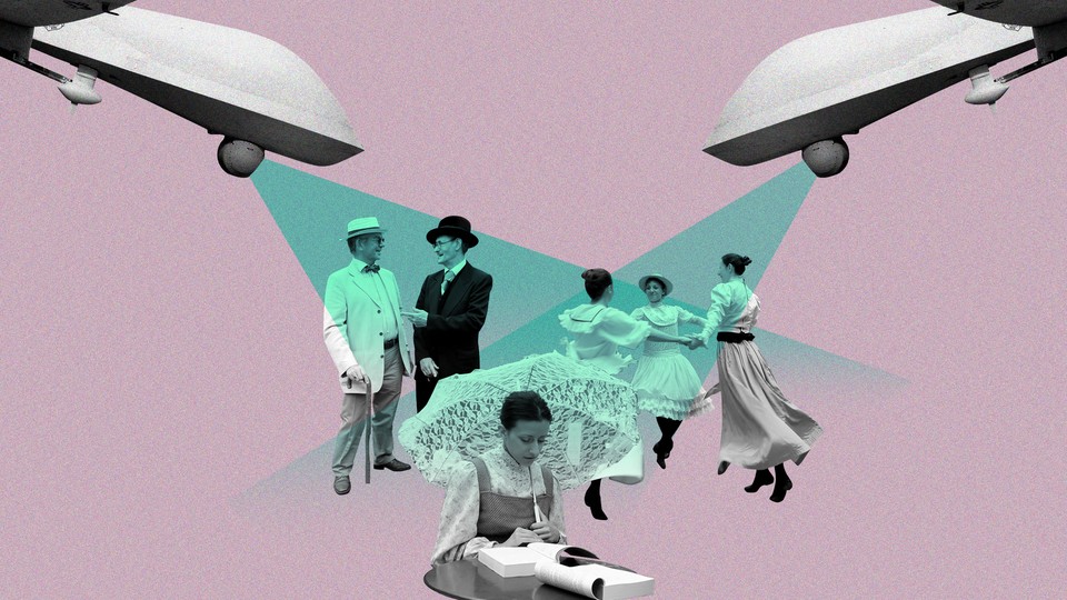 A collage of Predator drones beaming light onto people dressed in early-20th-century outfits
