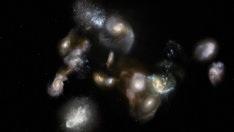 Artist's impression of luminous galaxies tightly packed into one region of space in the early universe