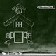 A green chalkboard with a sketch of an old-fashioned schoolhouse as well as chalk and an eraser
