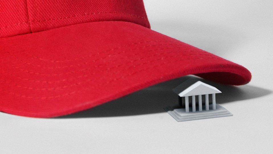 A red MAGA cap’s brim hovering over a courthouse