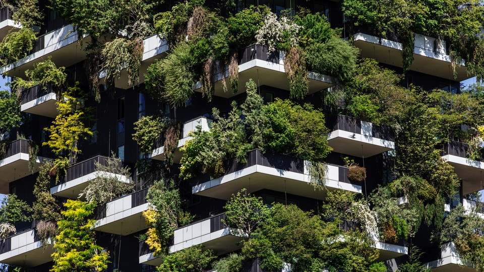 A photo of the outside of an apartment building with white balconies and greenery